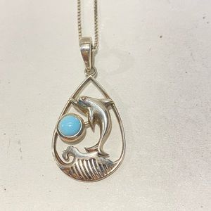 Sterling Silver Dolphin Larimar Gemstone Pendant/Necklace 925 Box Chain 18 Inch